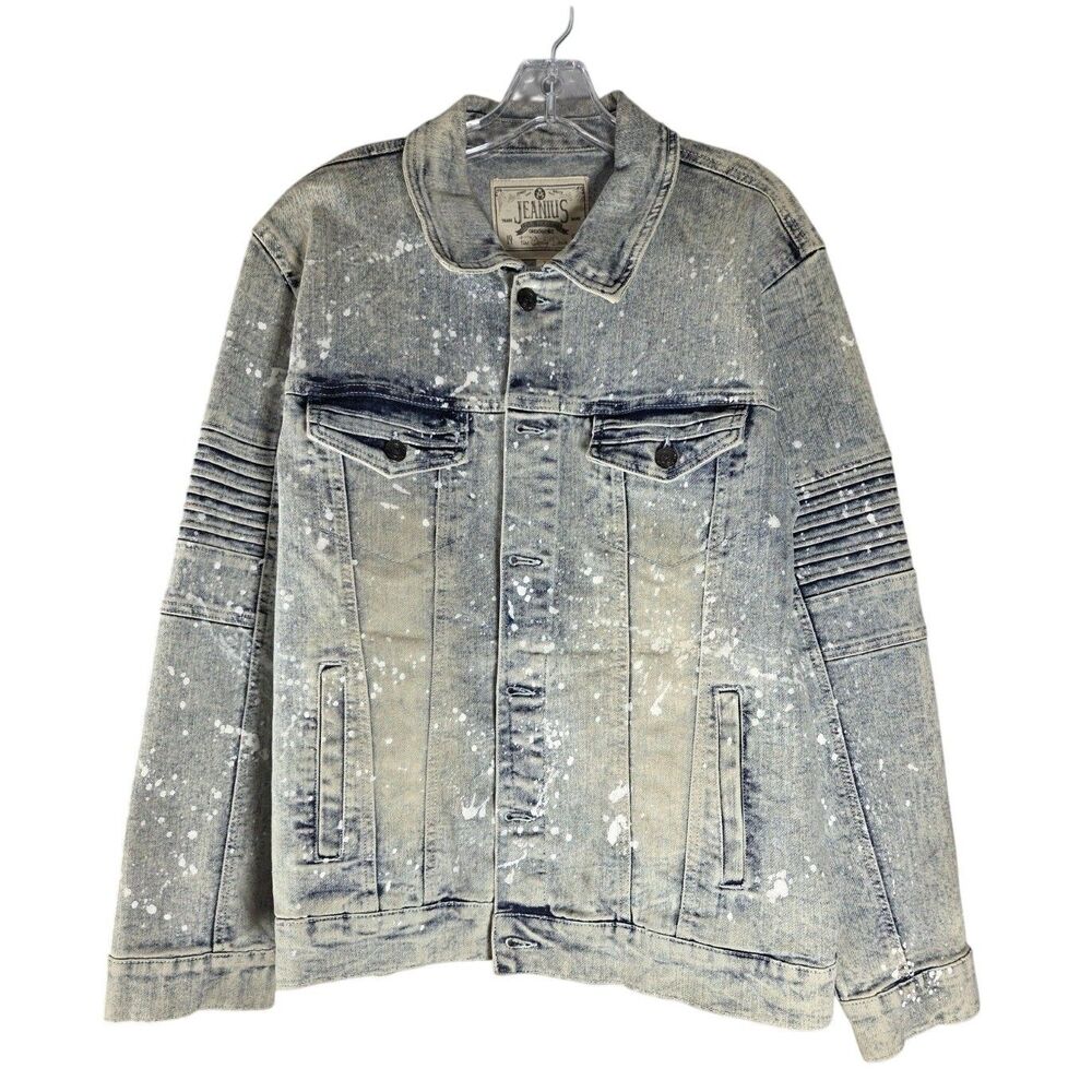 Akademiks Jeanius Denim Jacket Paint Splatter Biker Style Men’s Large